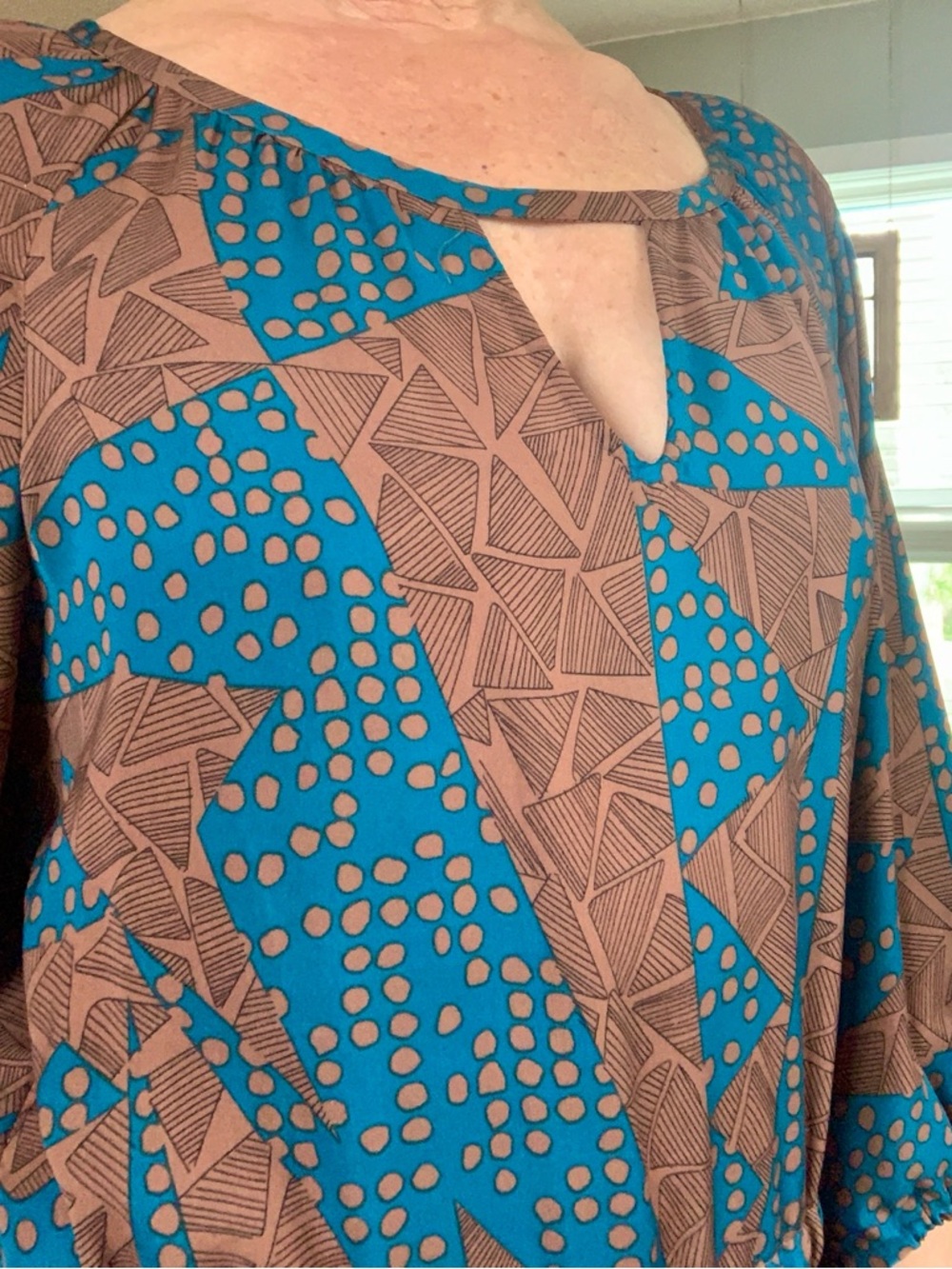 Teal and Brown Geometric Keyhole Dress